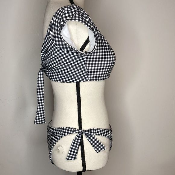 Cabana del Sol Bikini Black White Check Cap Sleeve Top Cheeky Bottom Bikini - Picture 2 of 12